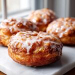 Close-up of four golden-brown baked apple fritters drizzled with white glaze.