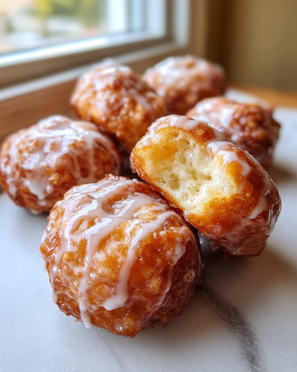 A close-up of several golden-brown baked apple fritters drizzled with white glaze. One fritter is broken open to show its fluffy interior.