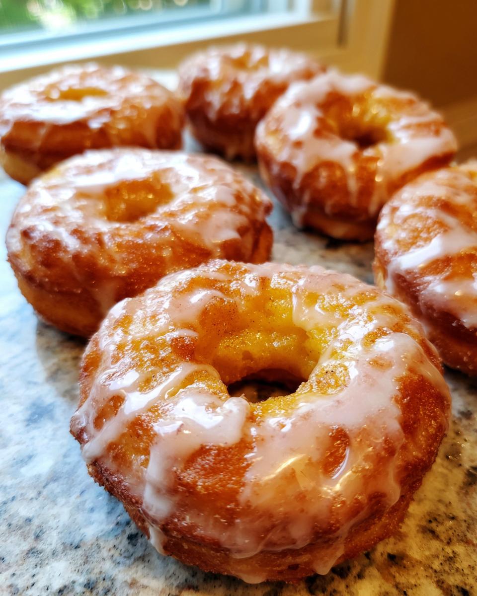 Close-up of several golden-brown baked apple fritters drizzled with a sweet white glaze.