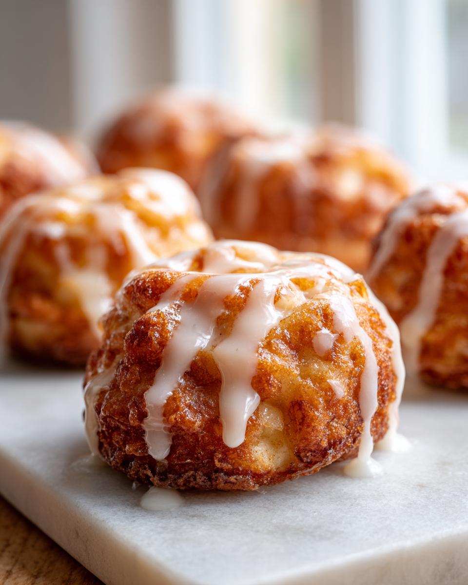Close-up of a delicious baked apple fritter drizzled with white glaze, with more fritters in the background.