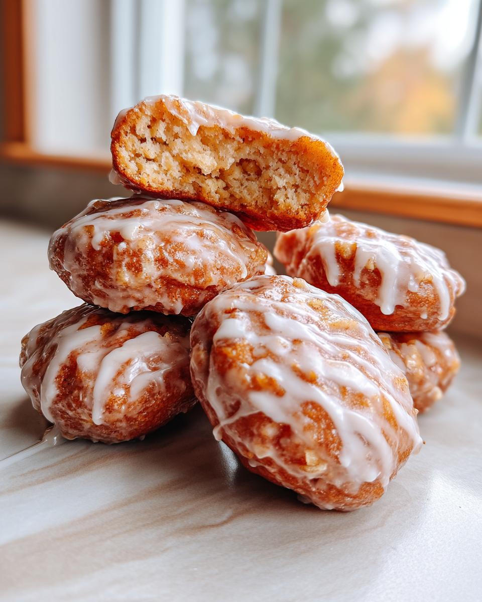 A stack of delicious baked apple fritters, one on top is cut in half revealing a fluffy interior, all drizzled with a white glaze.