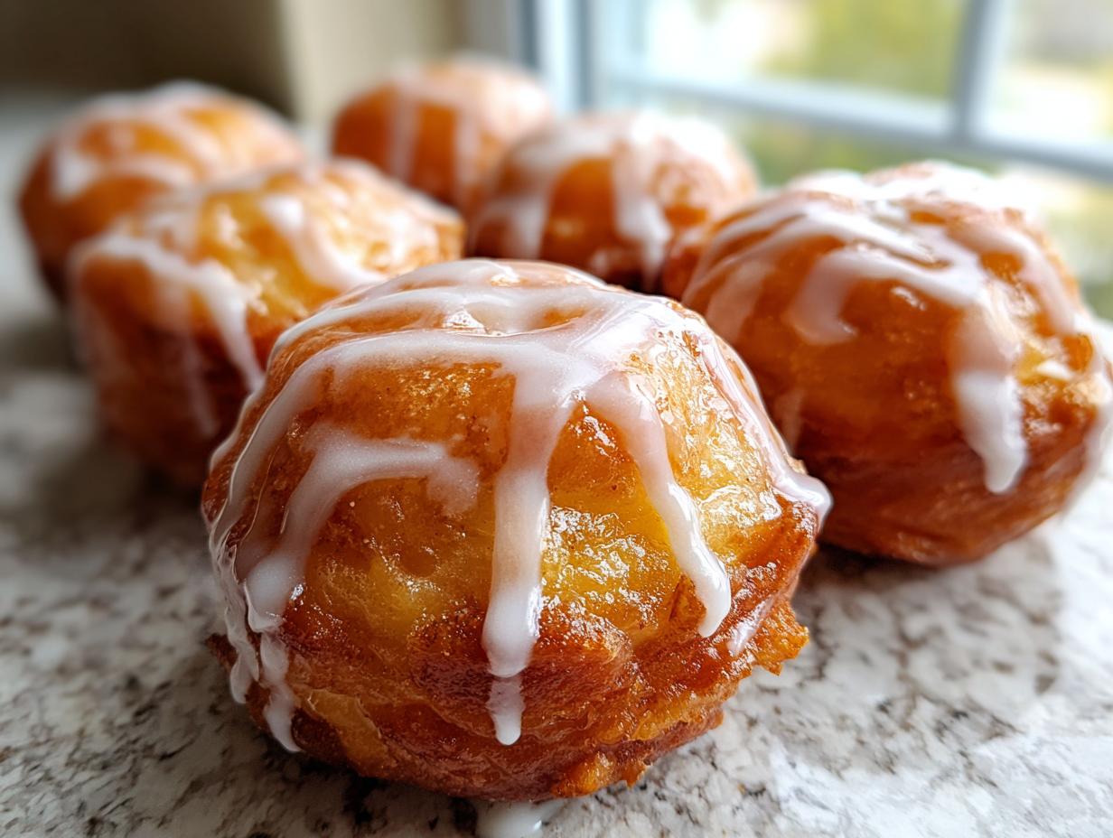 Close-up of golden brown baked apple fritters drizzled with white glaze.