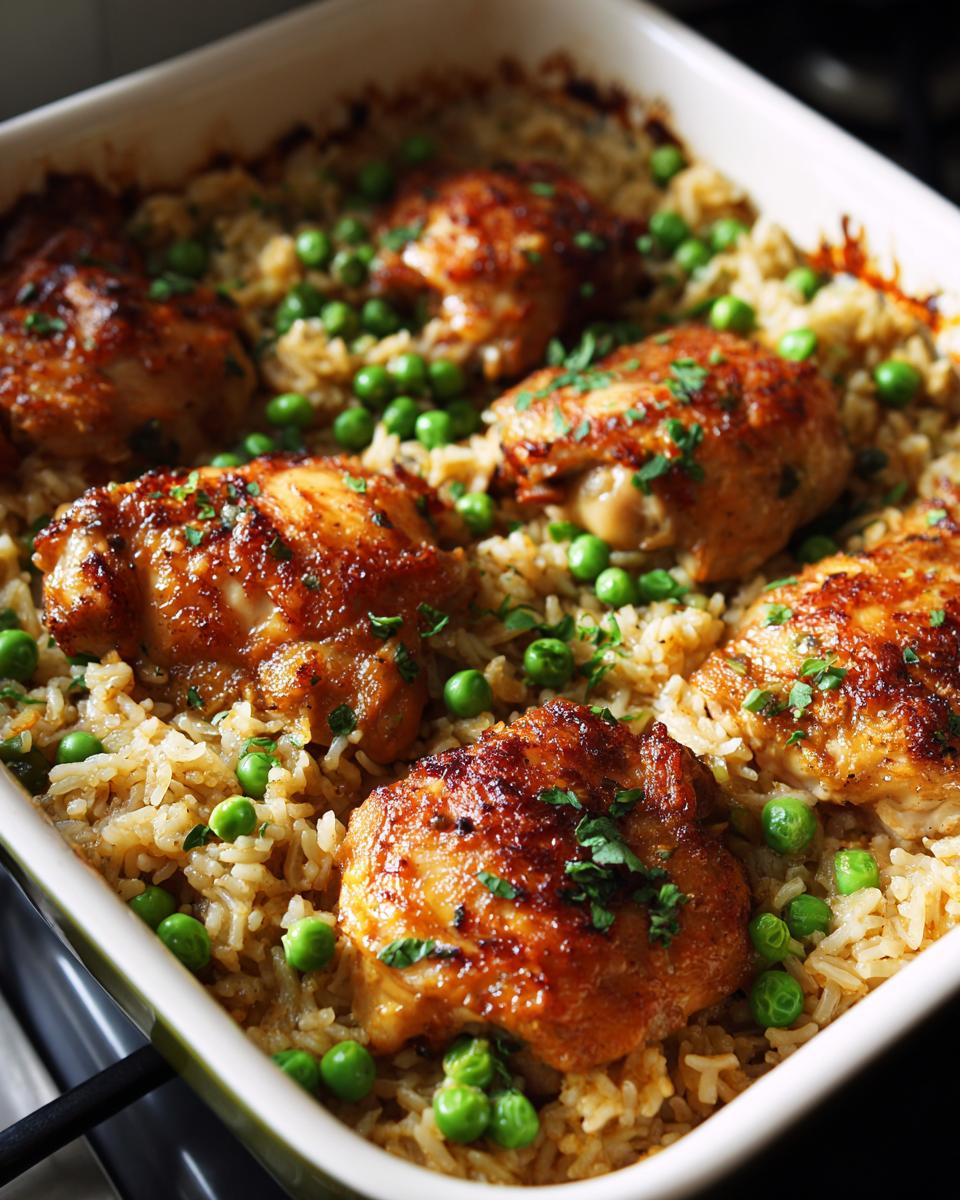Close-up of a baked chicken and rice casserole in a dish, topped with peas and parsley.