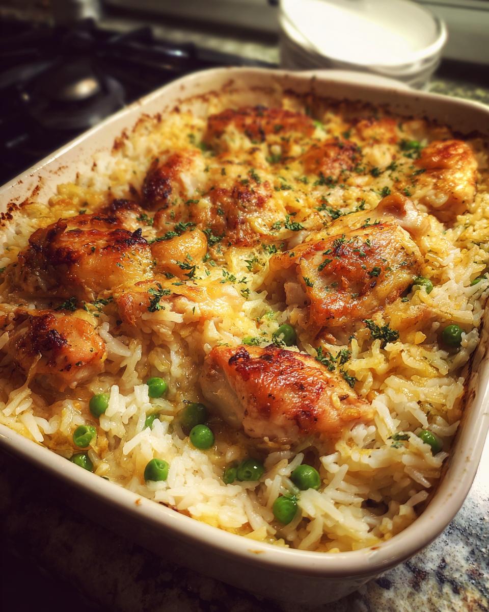 Close-up of a golden-brown baked chicken and rice casserole with peas and parsley.