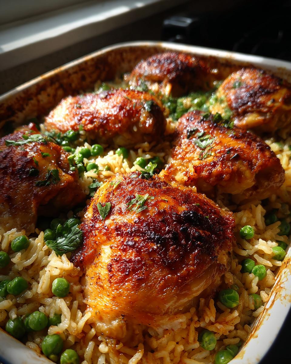 Close-up of a baking dish filled with golden brown baked chicken and rice, studded with bright green peas and garnished with parsley.