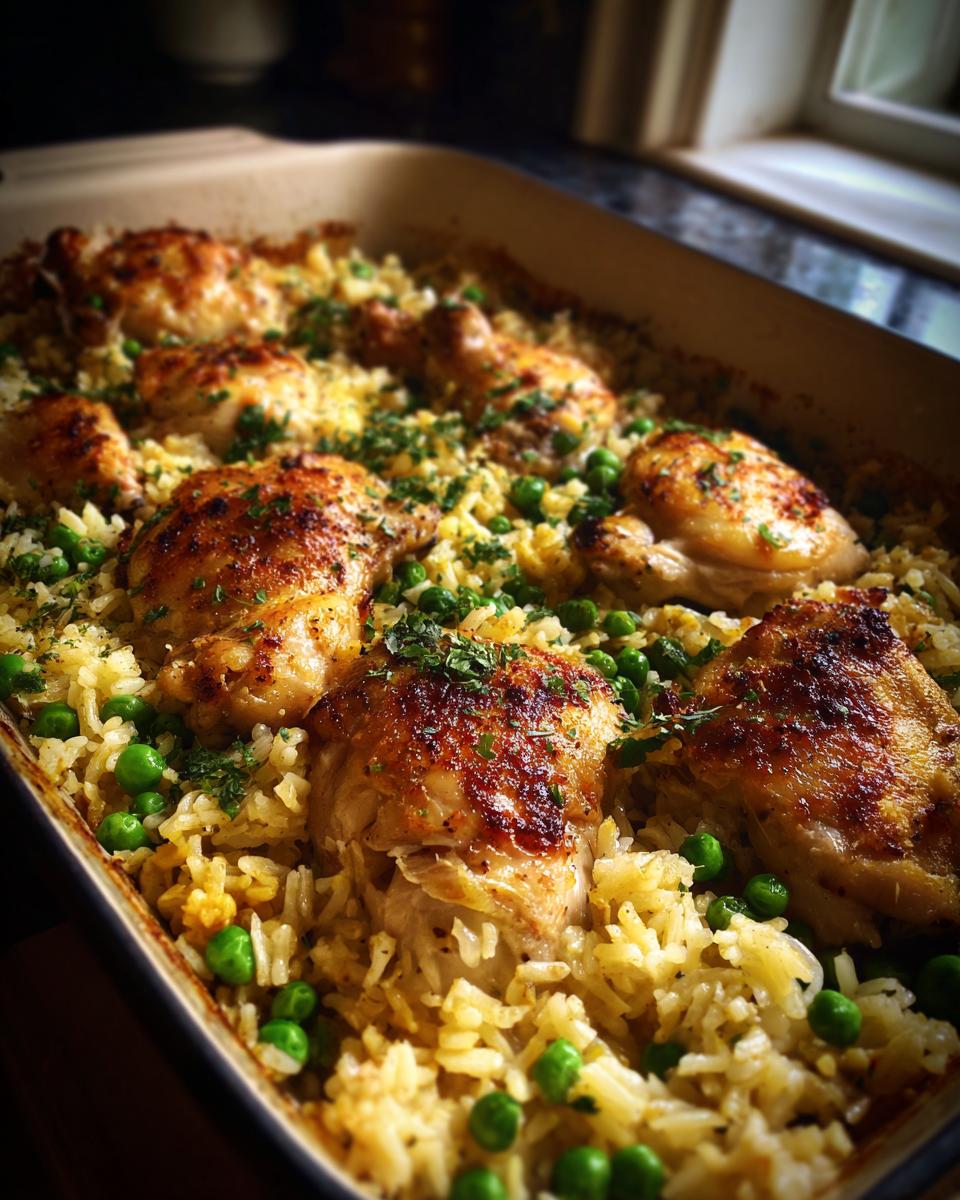 Close-up of golden brown baked chicken pieces nestled in fluffy rice with bright green peas, garnished with fresh parsley.