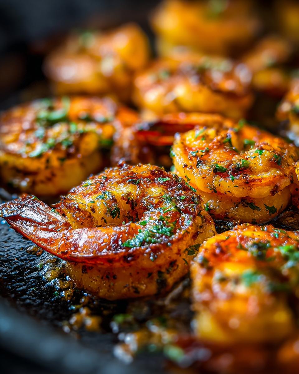 Close-up of perfectly baked garlic parmesan shrimp, glistening with sauce and herbs.