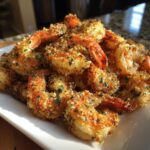 A pile of golden-brown baked garlic parmesan shrimp on a white plate, sprinkled with parsley.