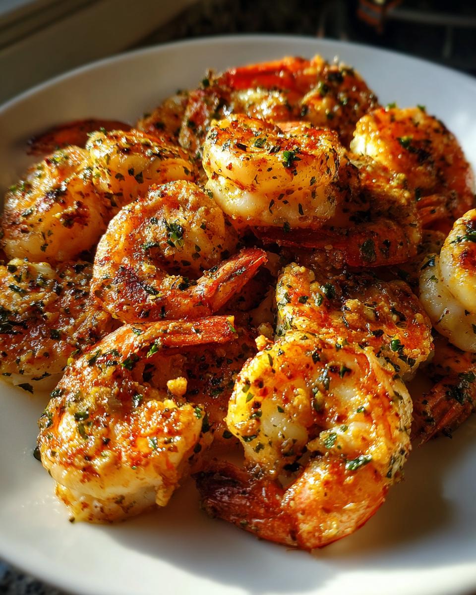 Close-up of a white plate filled with perfectly baked garlic parmesan shrimp, seasoned with herbs.