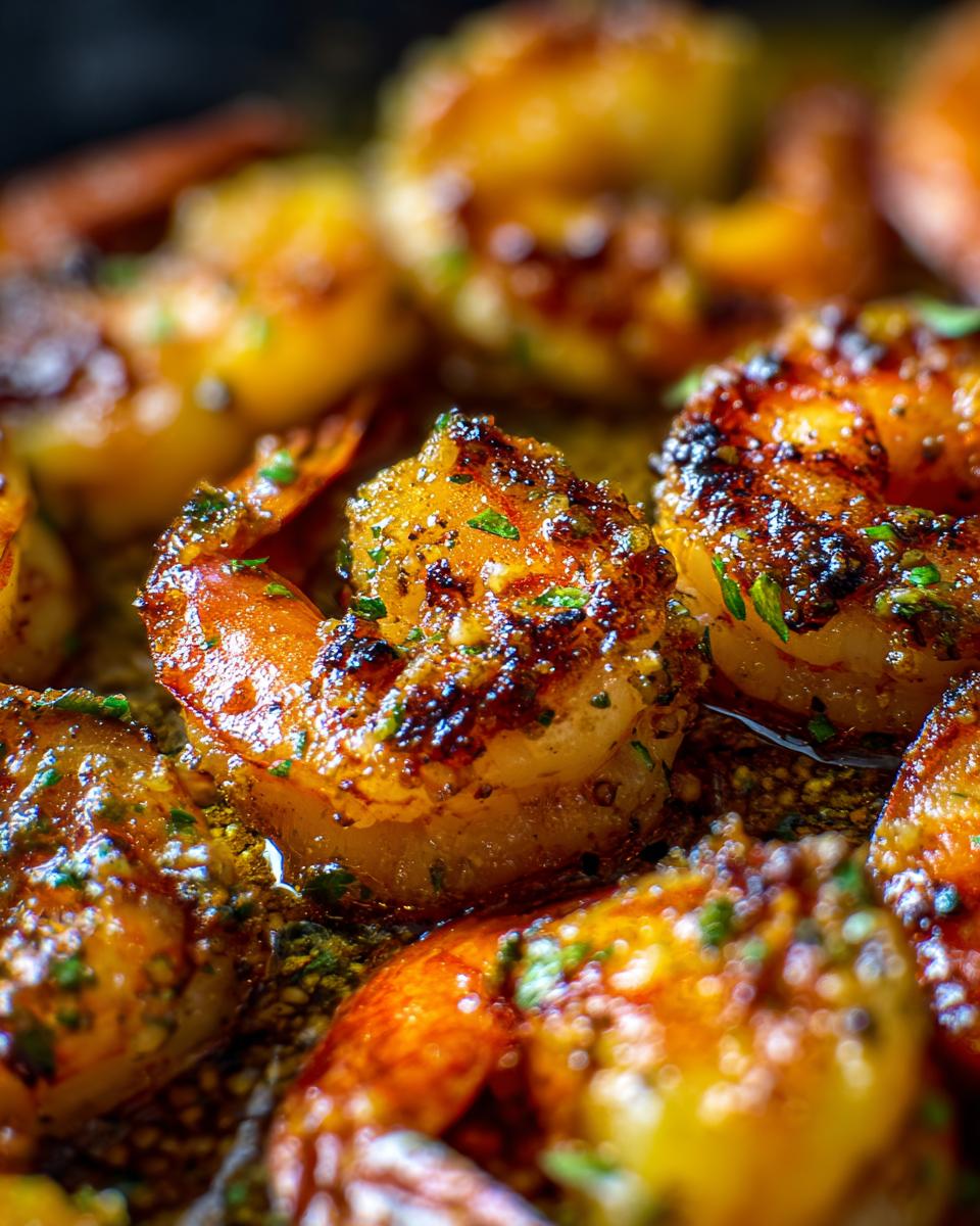 Close-up of juicy baked garlic parmesan shrimp, glistening with butter and herbs.