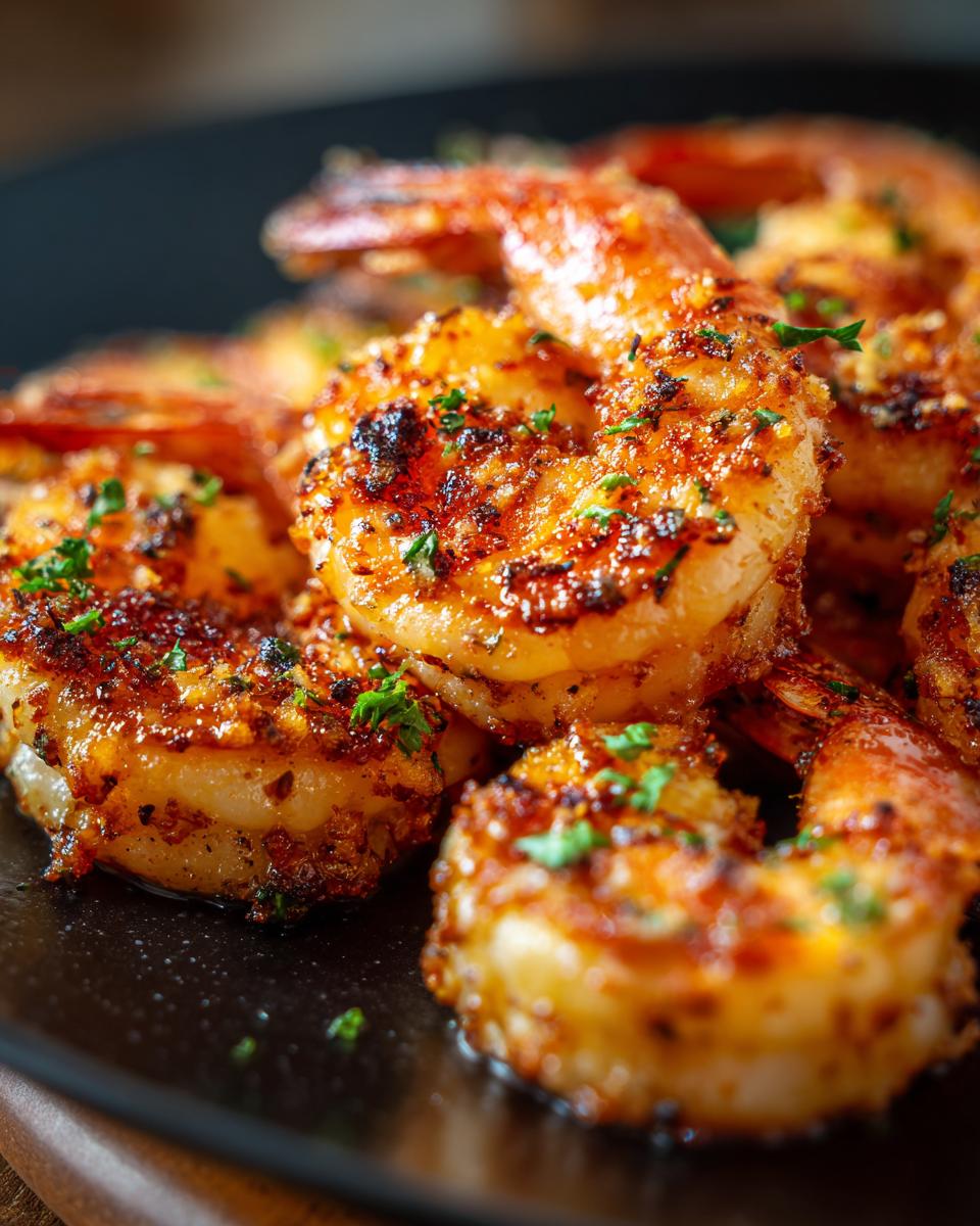 Close-up of a pile of perfectly baked garlic parmesan shrimp, seasoned and garnished with parsley.