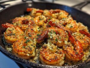 Close-up of juicy Baked Garlic Parmesan Shrimp sizzling in a cast-iron skillet, topped with herbs and cheese.