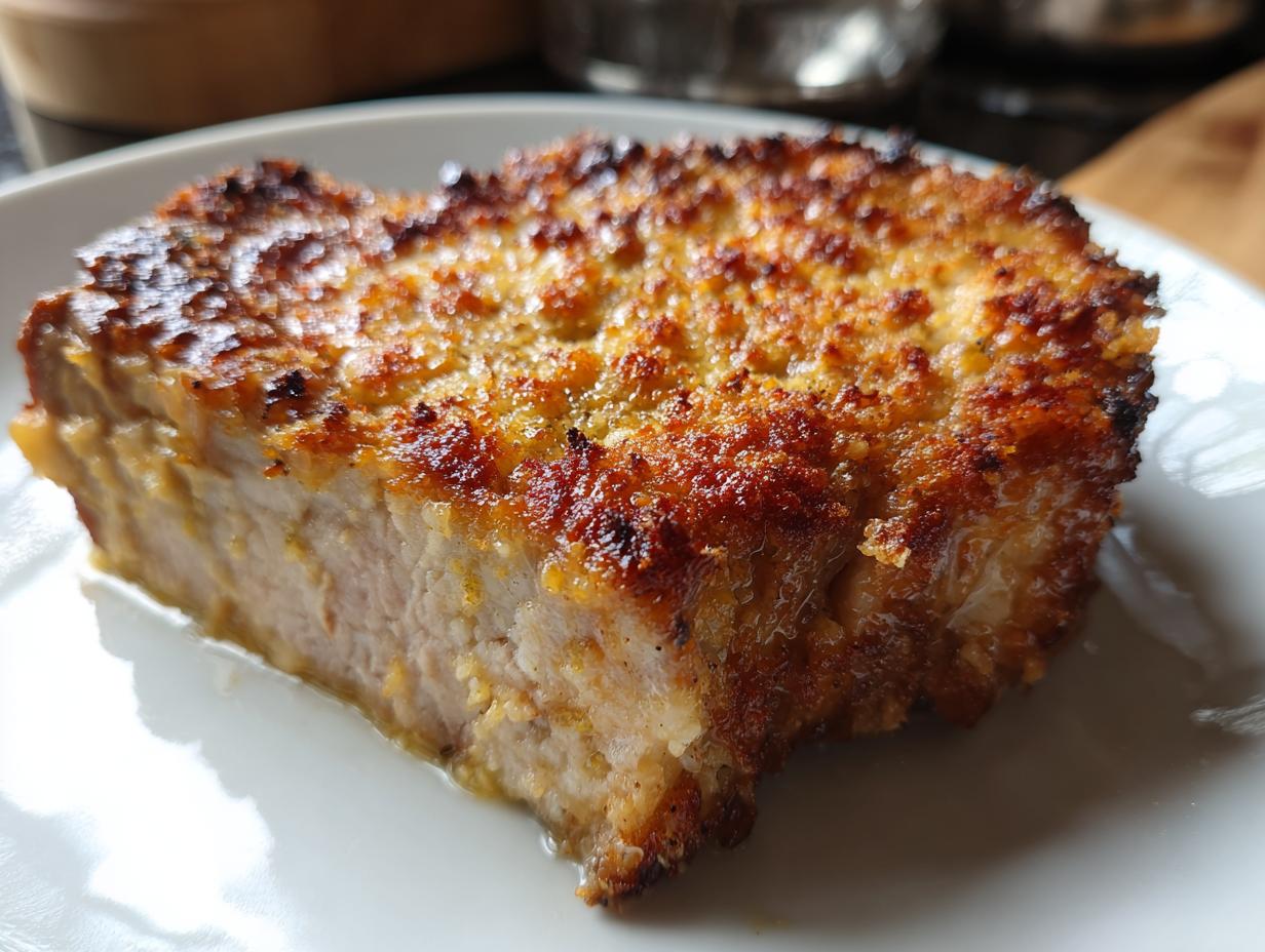 A close-up of a juicy baked parmesan pork chop with a golden-brown crust on a white plate.