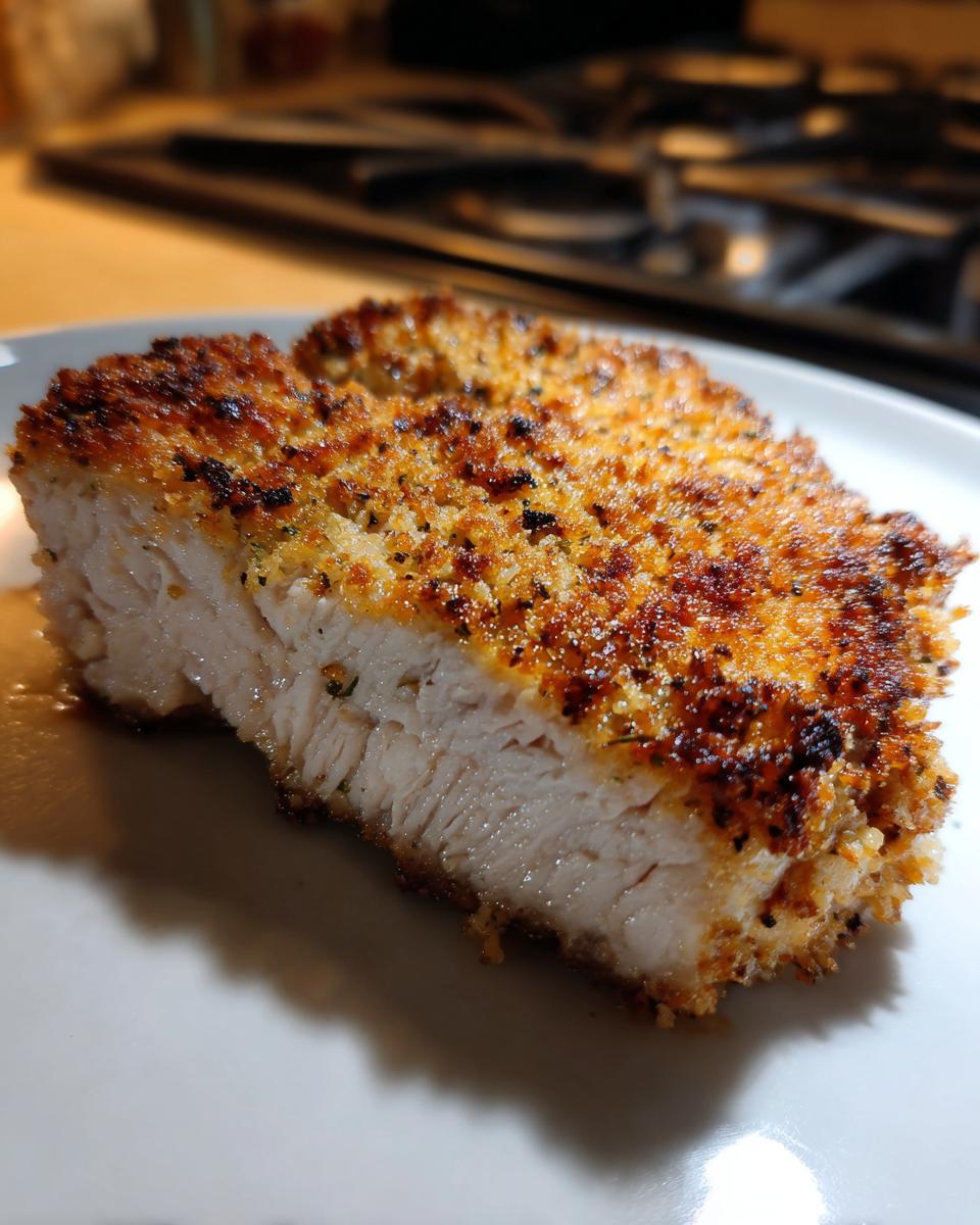 Close-up of a perfectly baked parmesan pork chop, showing its crispy golden-brown crust and tender, juicy interior.