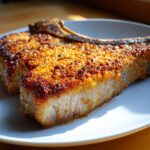 Close-up of two perfectly baked parmesan pork chops on a white plate, showcasing a golden-brown crust.