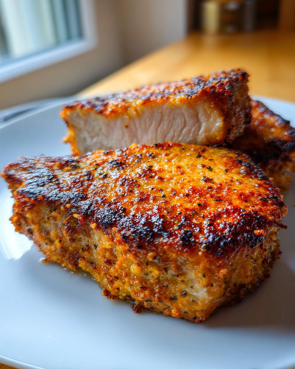 Close-up of perfectly baked parmesan pork chops, showcasing a golden-brown crust and tender interior.