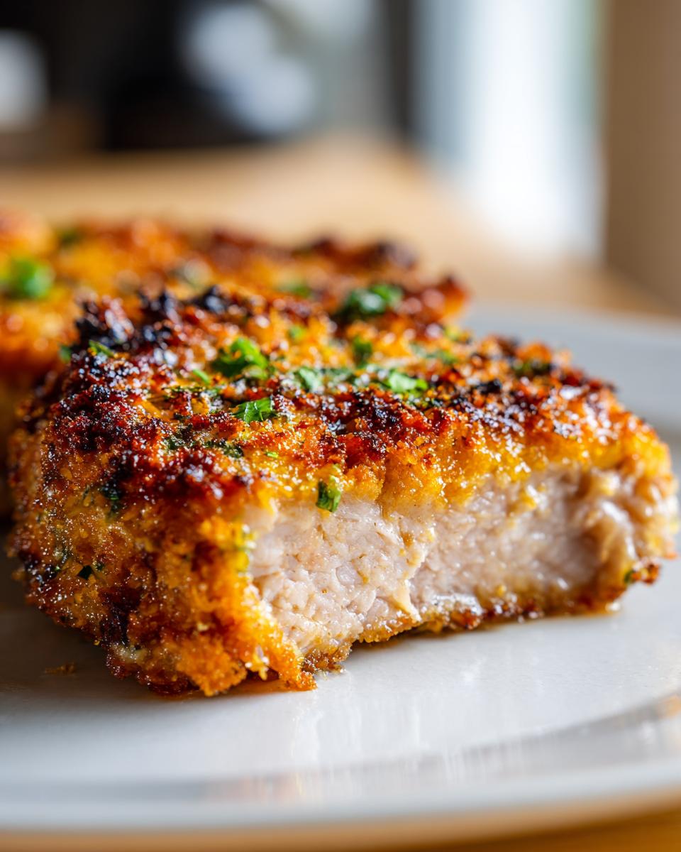 A close-up of a juicy baked parmesan pork chop, showing its golden-brown crispy coating and tender interior.