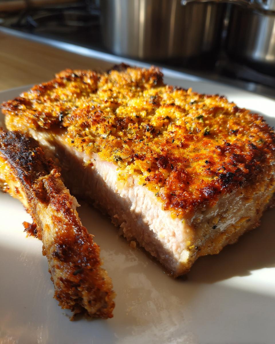 Close-up of a perfectly baked parmesan pork chop, showing a golden-brown crust and tender, juicy interior.
