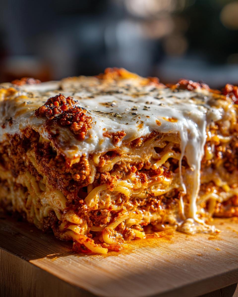 A close-up of a hearty slice of baked spaghetti casserole with layers of pasta, meat sauce, and melted cheese.