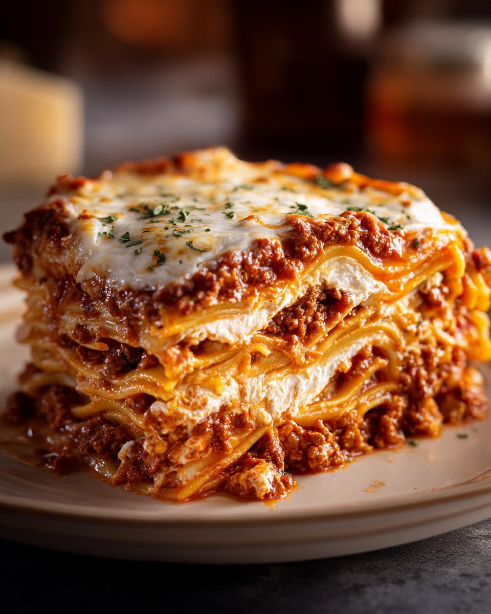 A generous slice of baked spaghetti casserole, layered with rich meat sauce and creamy cheese, topped with parsley.
