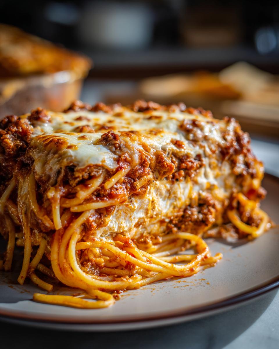 A generous slice of baked spaghetti casserole with melted cheese and rich meat sauce.