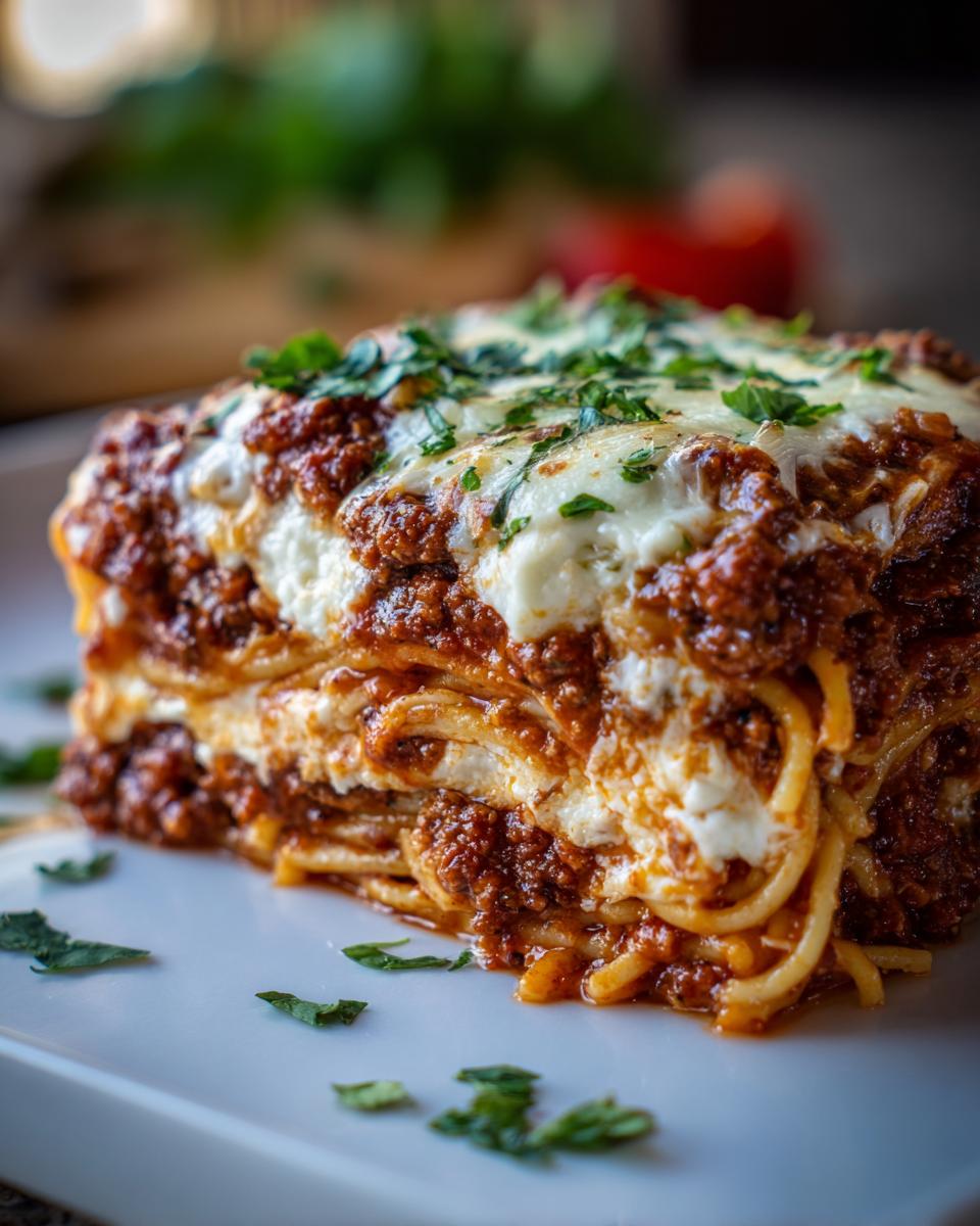A generous slice of baked spaghetti casserole, layered with rich meat sauce and creamy cheese, garnished with fresh parsley.