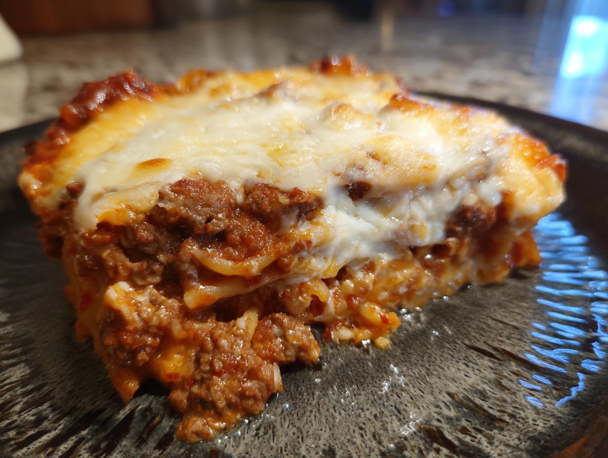 A close-up of a hearty slice of baked spaghetti casserole, featuring layers of pasta, meat sauce, and melted cheese.