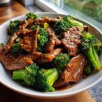 Close-up of a bowl filled with tender slices of beef and vibrant green broccoli florets coated in a savory sauce.