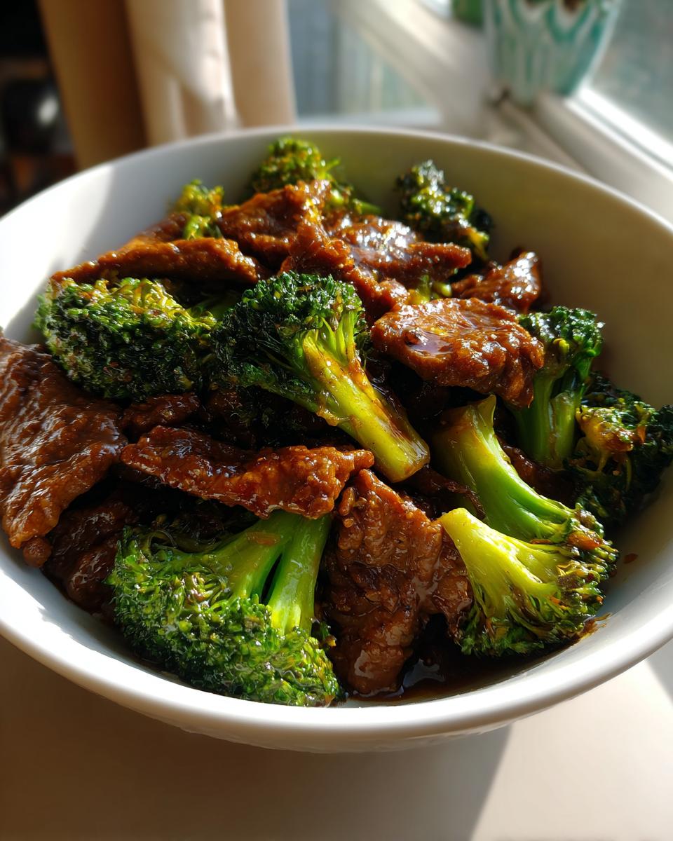 Close-up of a bowl filled with glistening beef and broccoli stir-fry, coated in a savory sauce.
