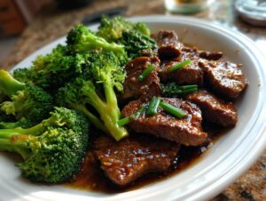 Close-up of tender slices of beef and bright green broccoli florets in a savory sauce, a perfect beef and broccoli dish.