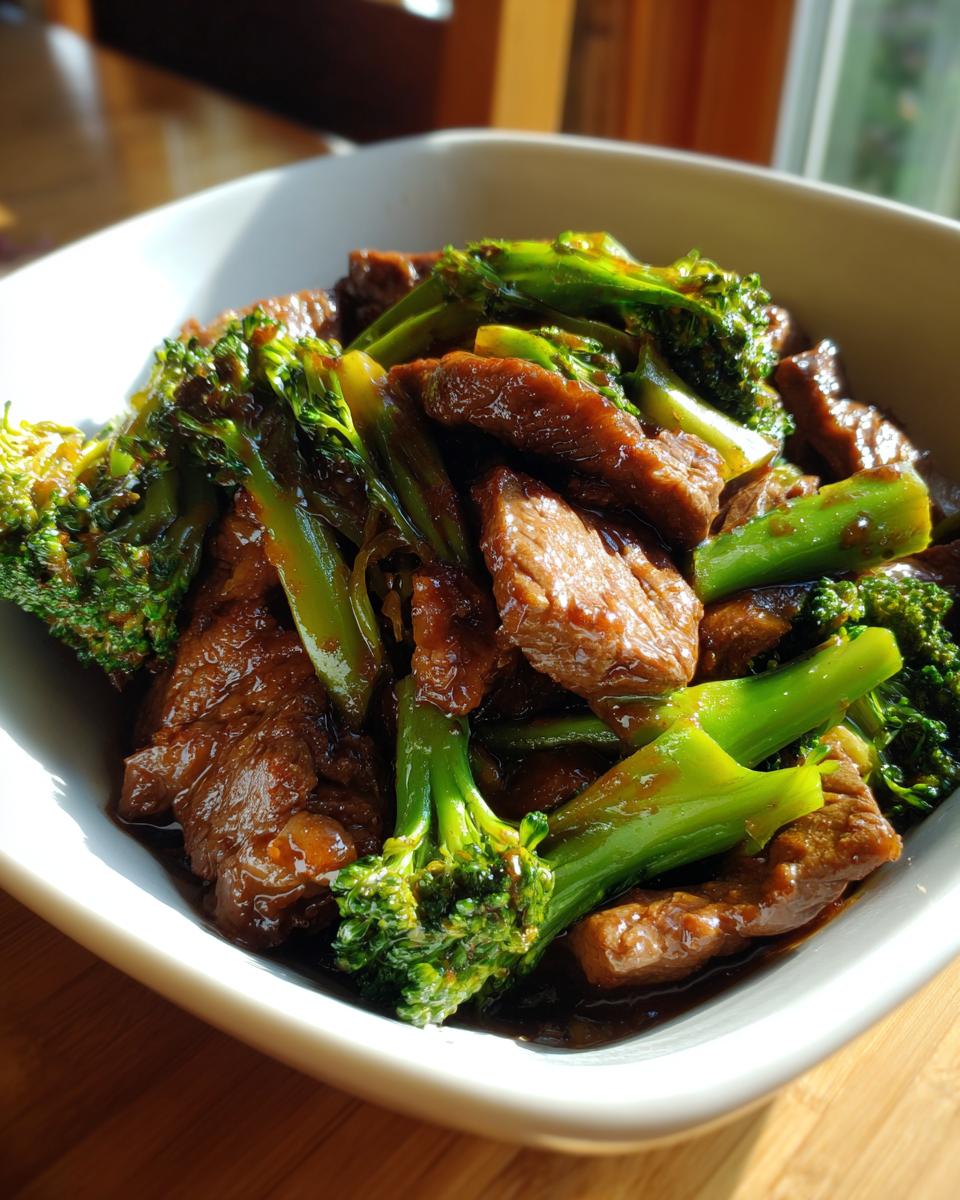 Close-up of tender beef and vibrant broccoli florets coated in a glossy sauce, a delicious beef and broccoli dish.