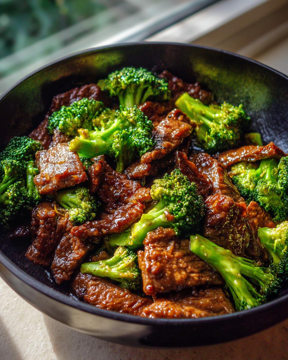 Close-up of a black bowl filled with tender slices of beef and vibrant green broccoli florets in a savory sauce.