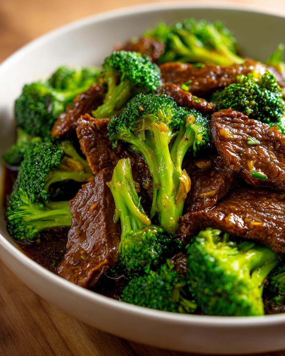 Close-up of tender slices of beef and vibrant broccoli florets in a savory sauce, featuring our amazing beef and broccoli recipe.