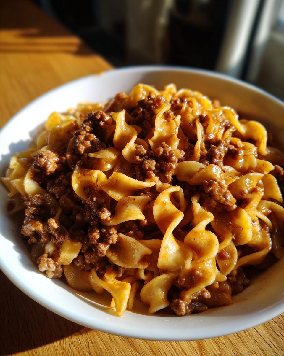 A close-up shot of a bowl filled with delicious beef and noodles, coated in a savory sauce.