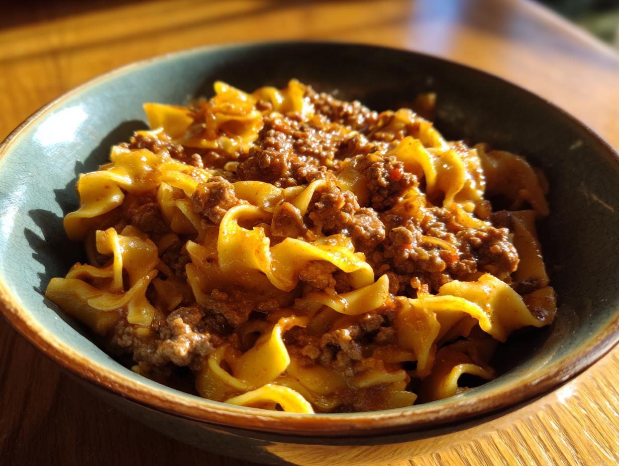 A close-up of a rustic bowl filled with delicious beef and noodles, coated in a savory sauce.