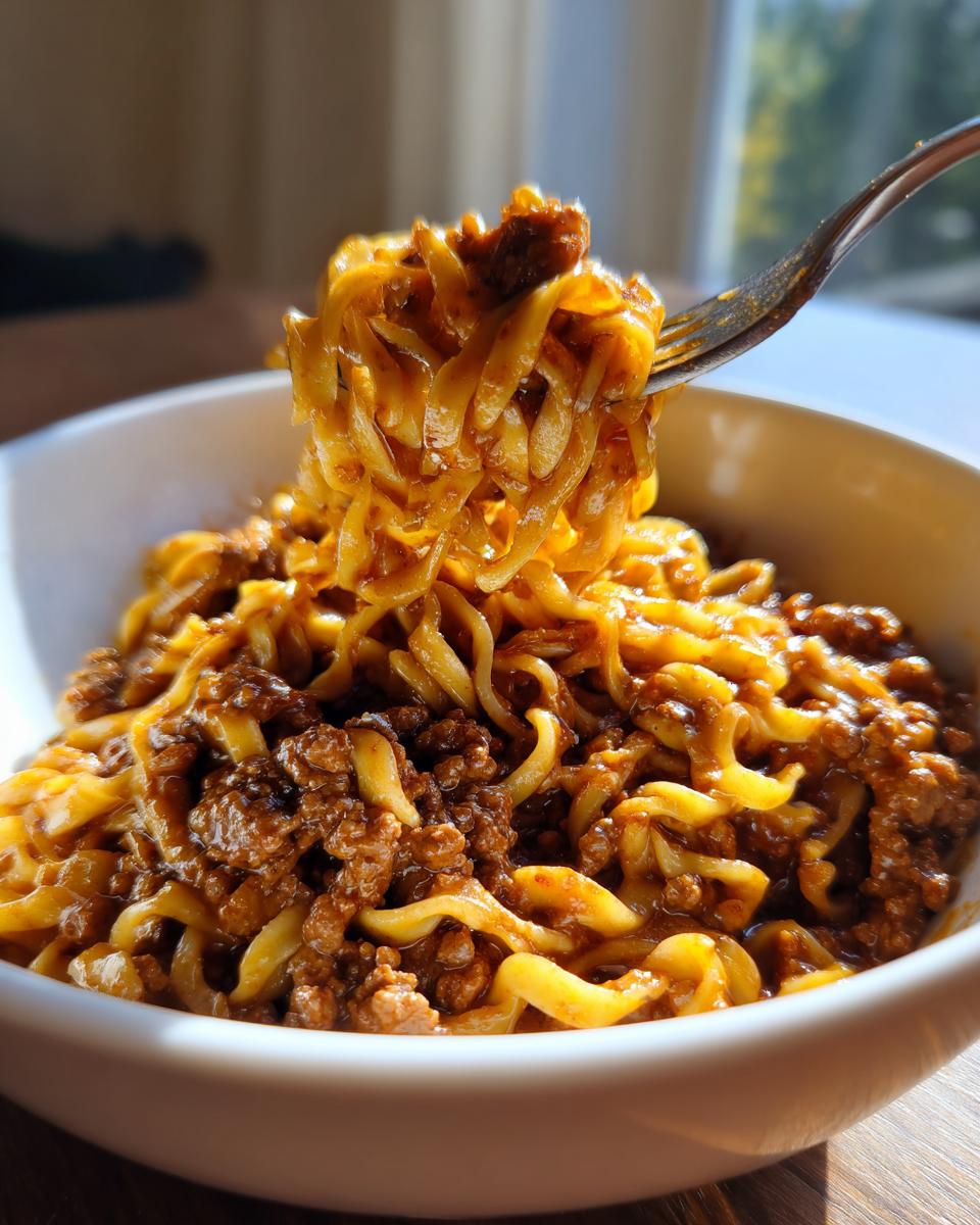 Close-up of a fork lifting a portion of savory beef and noodles from a white bowl.