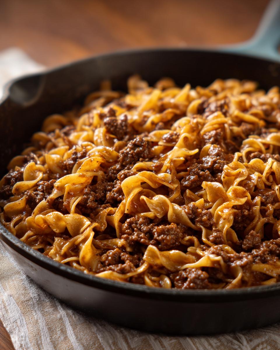 Close-up of a cast iron skillet filled with delicious beef and noodles, a classic comfort food.