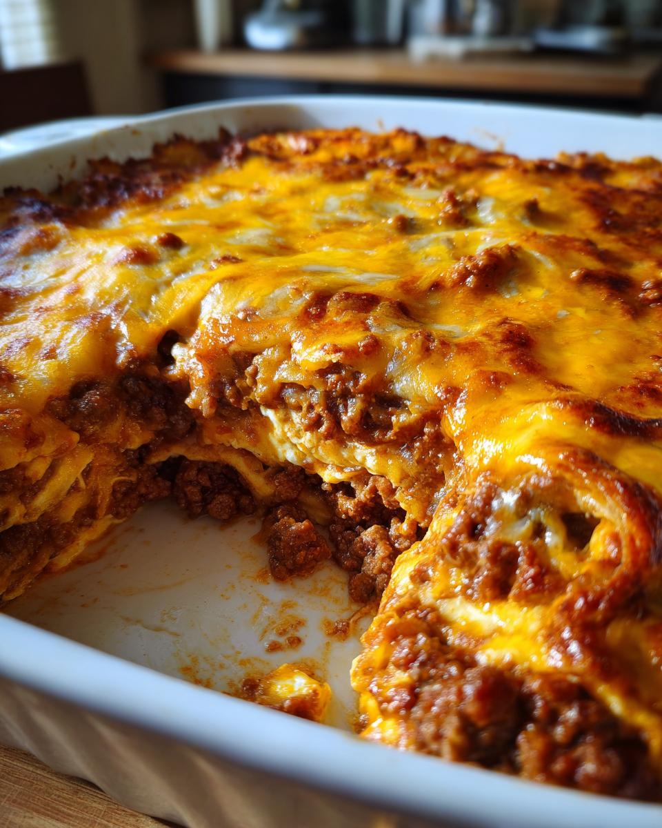 Close-up of a freshly baked beef enchilada casserole with melted cheese and layers of seasoned ground beef.