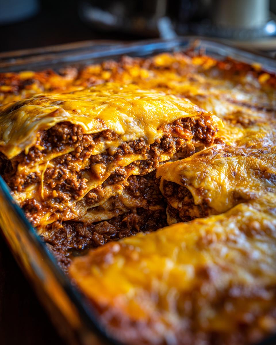 Close-up of a rich beef enchilada casserole with layers of seasoned ground beef and melted cheese.