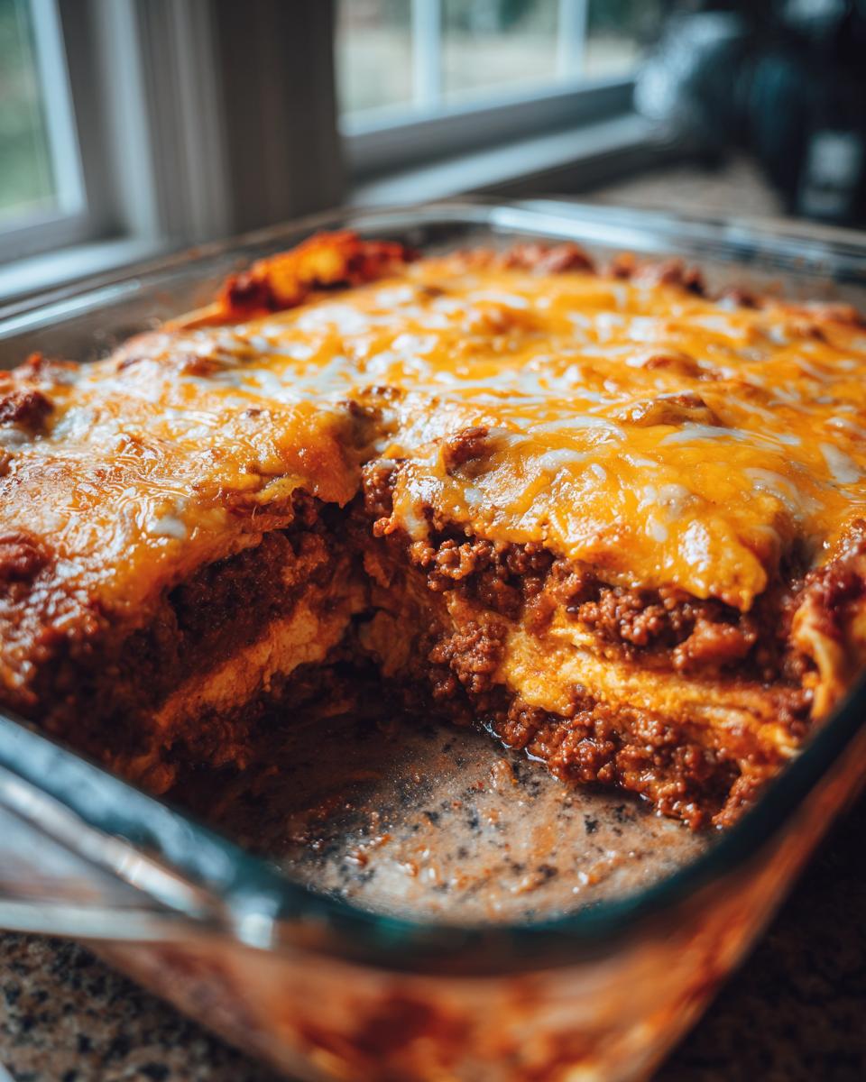A close-up of a freshly baked beef enchilada casserole with melted cheese, showing layers of tortillas and seasoned ground beef.