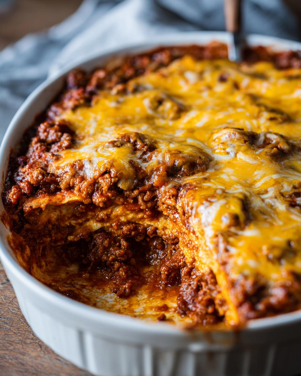 A close-up shot of a hearty beef enchilada casserole in a white baking dish, topped with melted cheddar cheese.