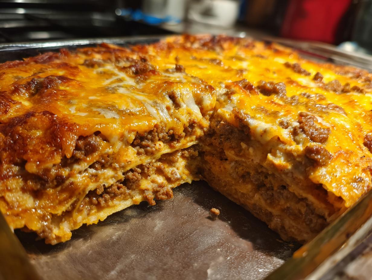 A close-up view of a freshly baked beef enchilada casserole with melted cheese and layers of seasoned ground beef.