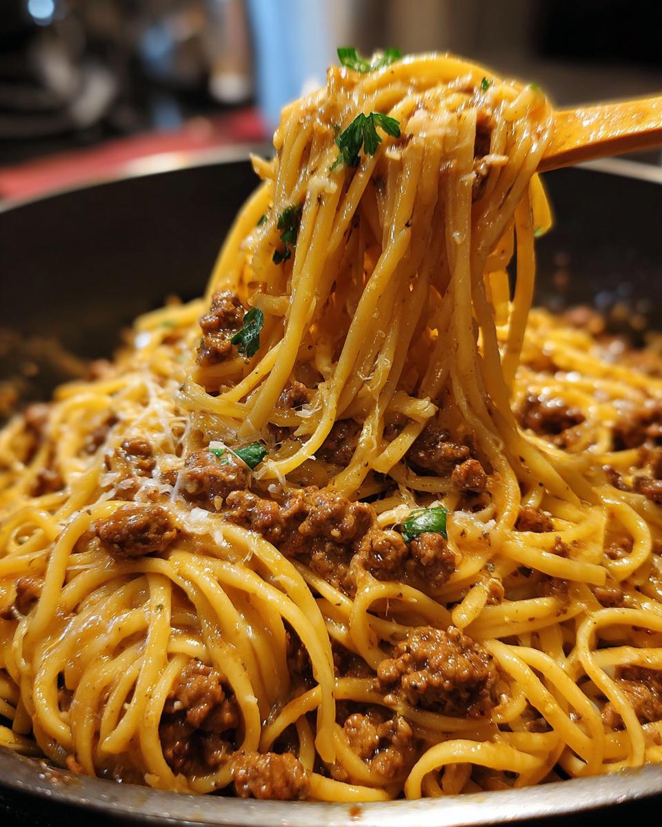 A close-up shot of Beef and Garlic Butter Linguine being lifted by a wooden spoon, garnished with parsley and cheese.