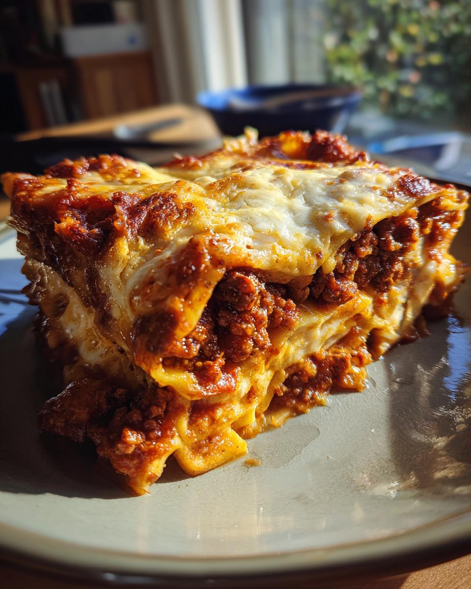 A generous slice of homemade Beef Lasagna with layers of pasta, rich meat sauce, and melted cheese.
