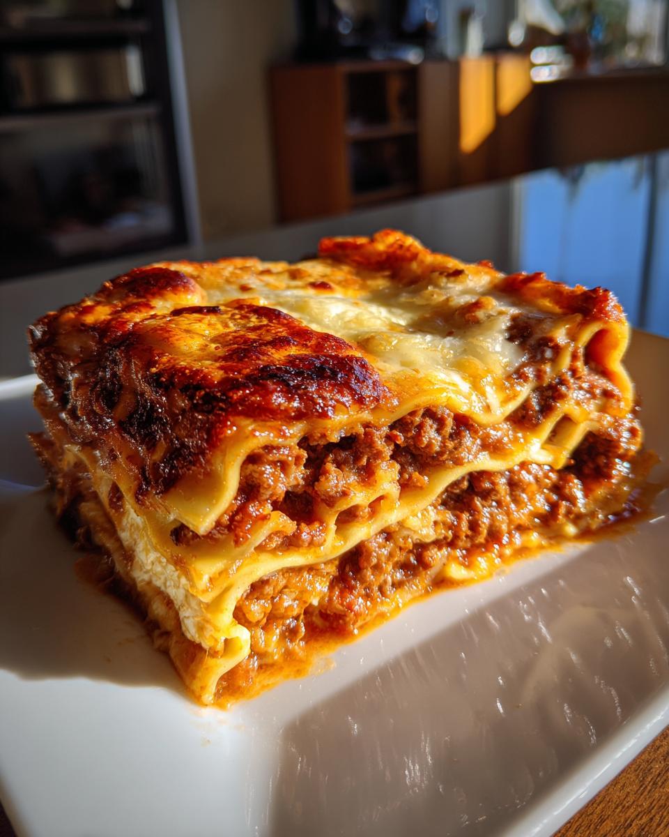 A hearty slice of beef lasagna with layers of pasta, rich meat sauce, and melted cheese, baked to golden perfection.