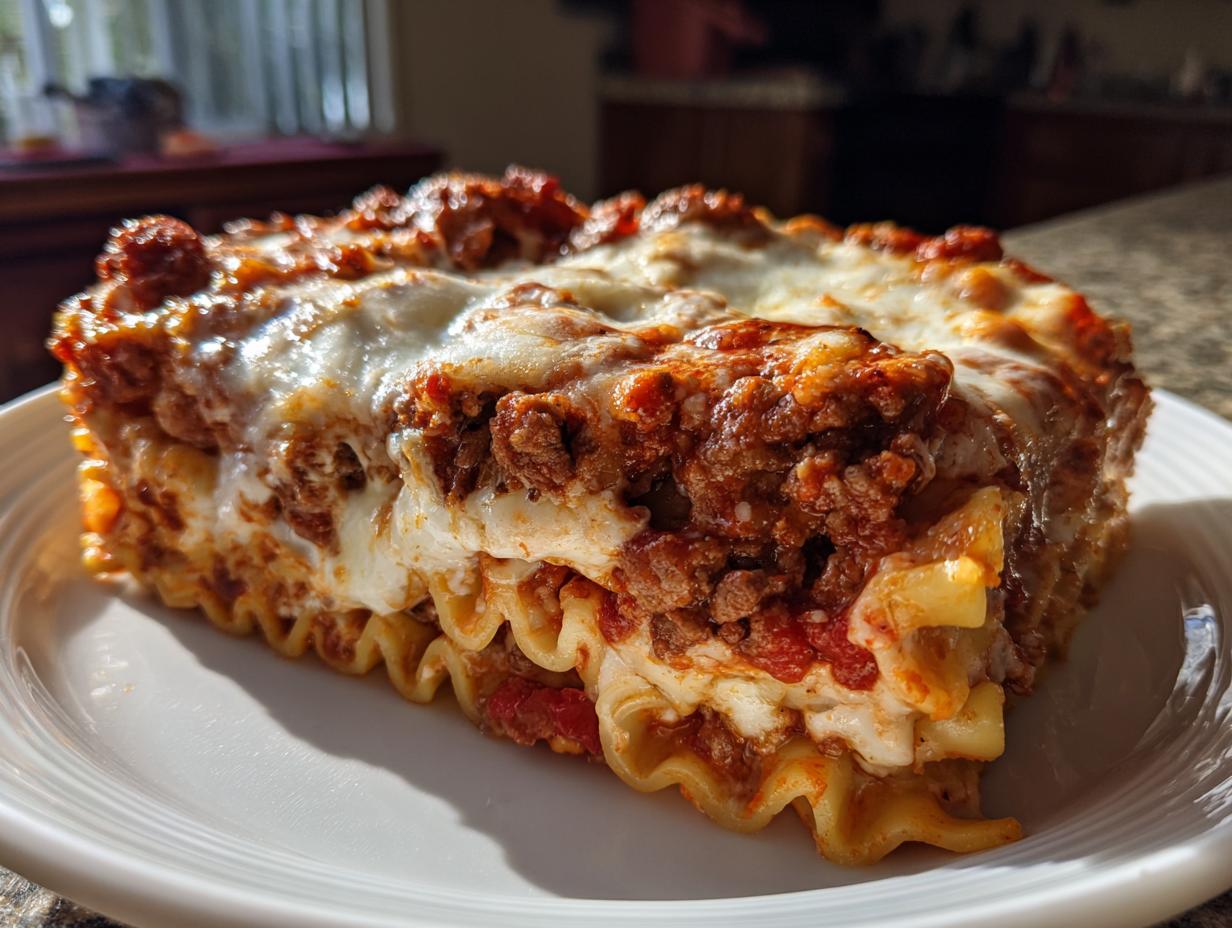 A generous slice of homemade beef lasagna with layers of pasta, rich meat sauce, and melted cheese.