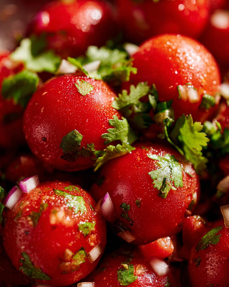 Close-up of fresh blender salsa featuring whole cherry tomatoes, chopped red onion, and cilantro.