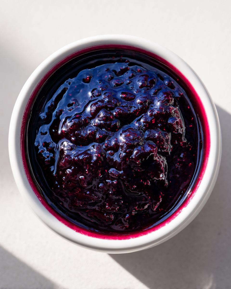 Close-up overhead view of vibrant, homemade blueberry jam in a white bowl, showcasing its rich color and texture.