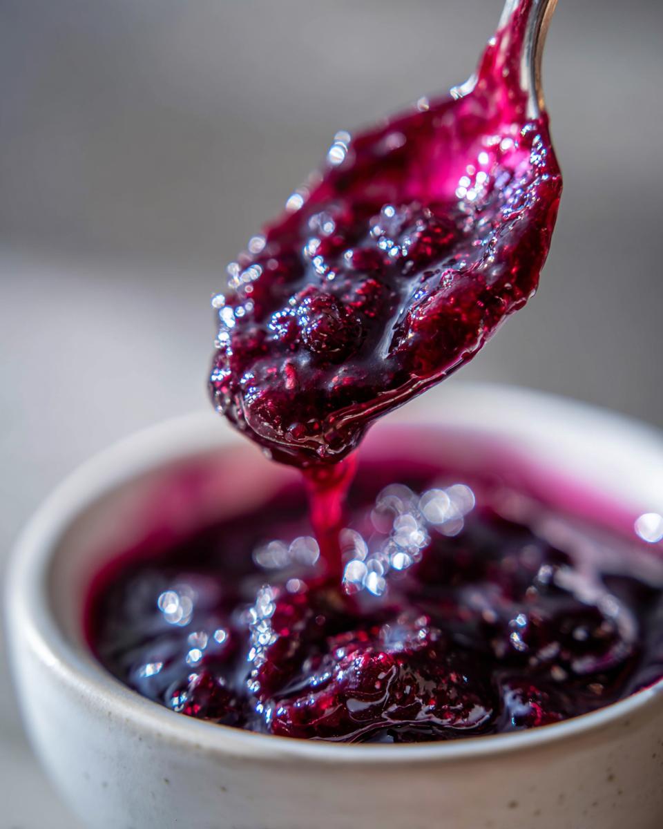 A spoonful of glistening homemade blueberry jam being lifted from a white bowl.