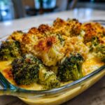 Close-up of a bubbly, golden-brown broccoli cheese casserole in a glass baking dish, with visible broccoli florets and melted cheese.